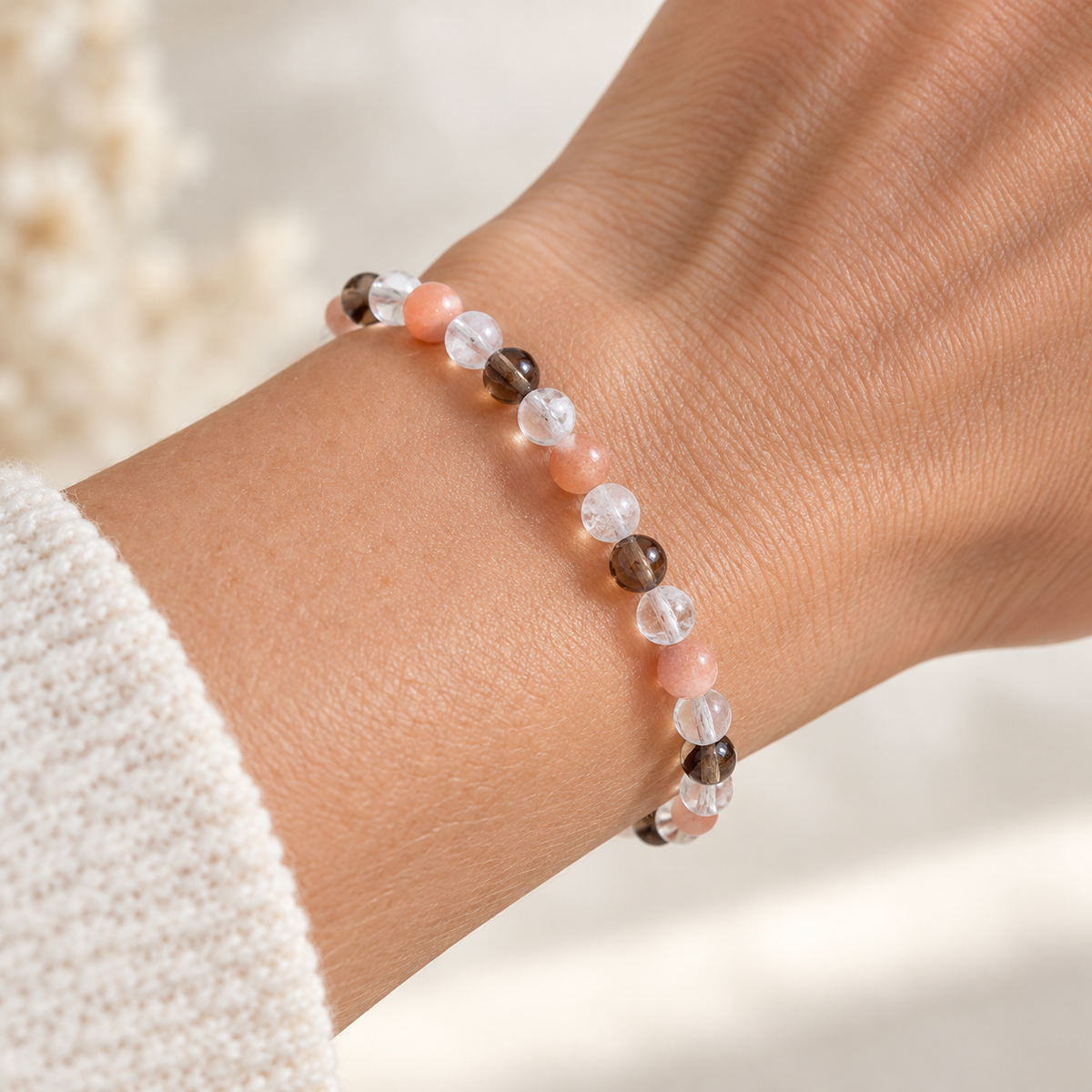 Armband met perzik maansteen, rookkwarts & bergkristal