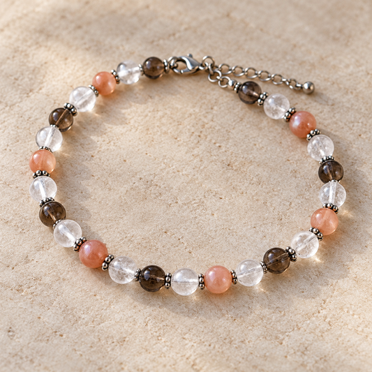 Armband met perzik maansteen, rookkwarts & bergkristal