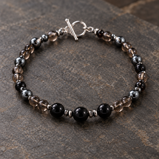 Armband met rookkwarts, Zwarte Onyx & Hematiet
